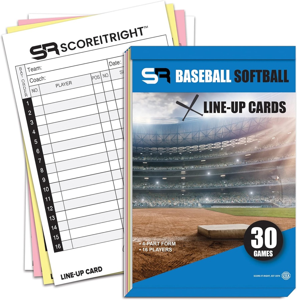 Baseball/Softball Lineup Cards – 16位玩家图书格式 Lineup Cards – Flipbook Carbon Copy 4 Part Form – 时间节省和实用棒球教练辅助工具
