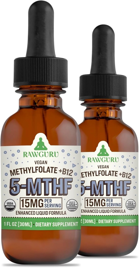 RawGuru L-Methylfolate 15 mg + 维生素 B12 - 有机 Vegan 甲基化 B12 配有 Trace Minerals - Nano-Processed & 增强液态 - 300 services Vegan Dropps 每30毫升,包装2