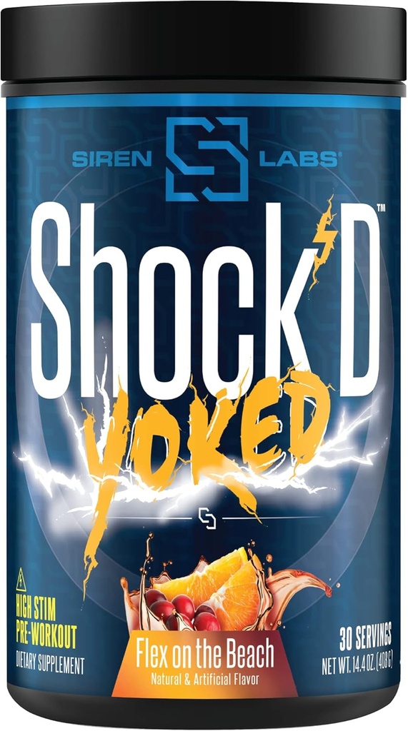 Shockd Yoked High Stim Pre-Working – 咖啡因、陶里因、Citrulline Malate、Agmatine、Betaine Anhydrous – 高能和强力肌肉泵-Nitric Oxide – Flex在海滩上(30次服务)