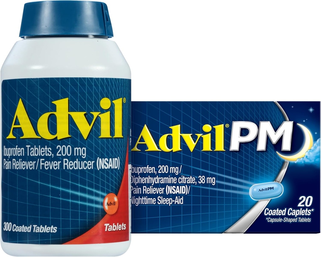 Advil Pain Reliver和Fever Reliver, Ibuprofen 200mg for Pain Relief - 300 Counter, Advil PM Pain Reliver and Nighttime Sleep Aid, Ibuprofen for Pain Reliefer and Diphenhydolamine Citrate - 20 Counter (中文(简体) ).