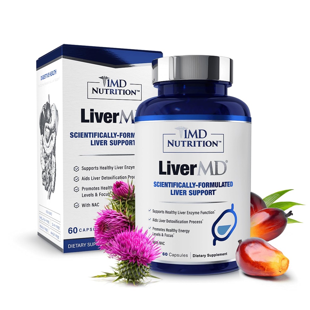 1MD营养 LiverMD - liver Support Supplation → 硅磷 牛奶硝酸盐提取与NAC - 支持健康能源,豁免与整体健康 - 肝脏清洁与支持 → 60 Capsules