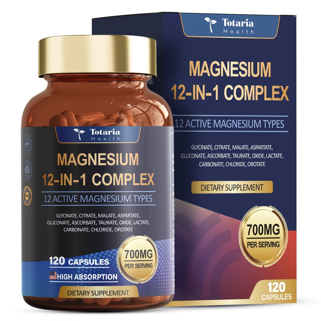 Totaria Magnesium Complex 700mg 12 in 1 Magnesium Supplement 配有 Glycnate Citate Malate Oxide Taulate Apartate Orotate 镁 放松,Muscle, Heart Support, Vegan 120 Capsules 的磁性增量