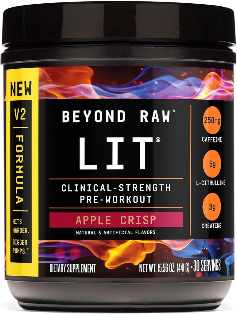 BEYOND RAW LIT V2 临床强力预选锻炼粉,Hits harder, Bigger Pumps, Cafeine, L-Citrulline, Creatine, Apple Crisp, 30 services