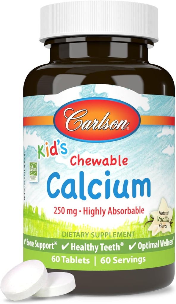 Carlson - Kid的可嚼钙,250毫克,高吸附性,骨骼和牙齿支持,最佳健康,天然香草火焰,60片
