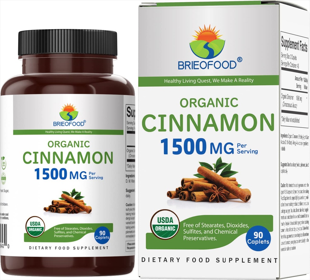 Brieofood 有机肉桂1500mg,45种服务,蔬菜,Gluten Free,90种蔬菜片