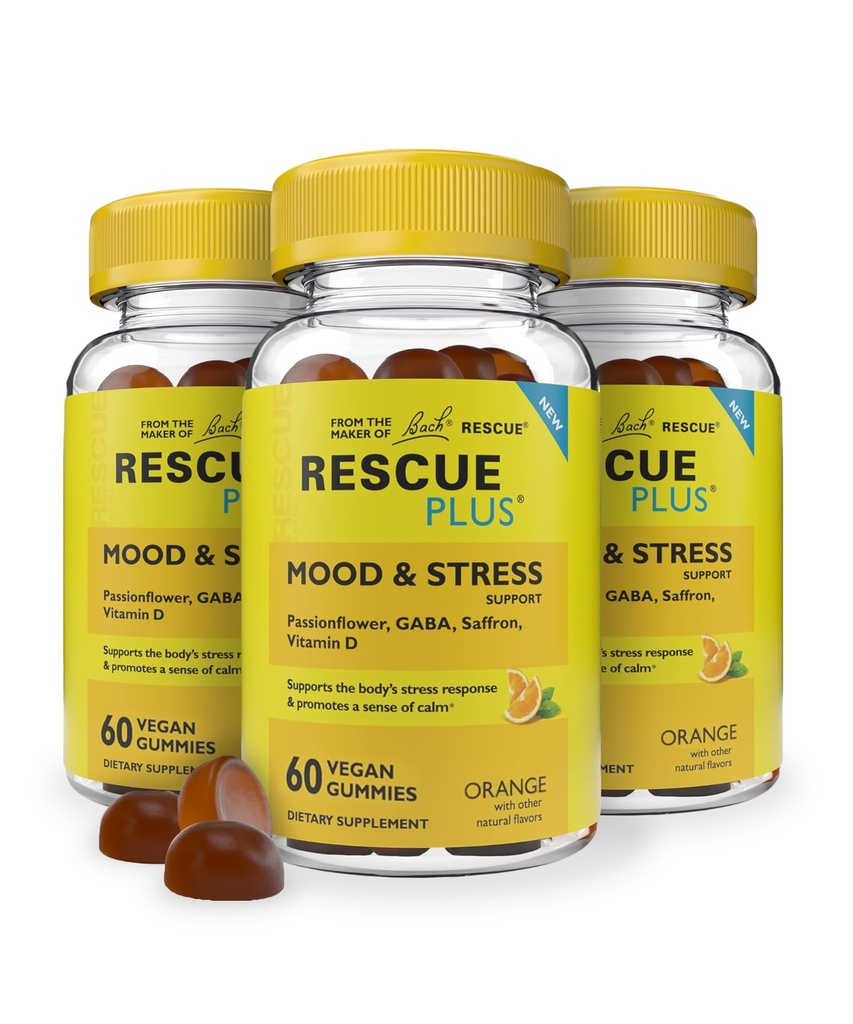 RESCUE Bach Plus Mood & 压力支持Gummys, 日间饮食补充加Passionflower, GABA, Saffron & Vitamin D, Natural Orange Flavor, Vegan & Gluten - Free, 3 Pack, 180 总计