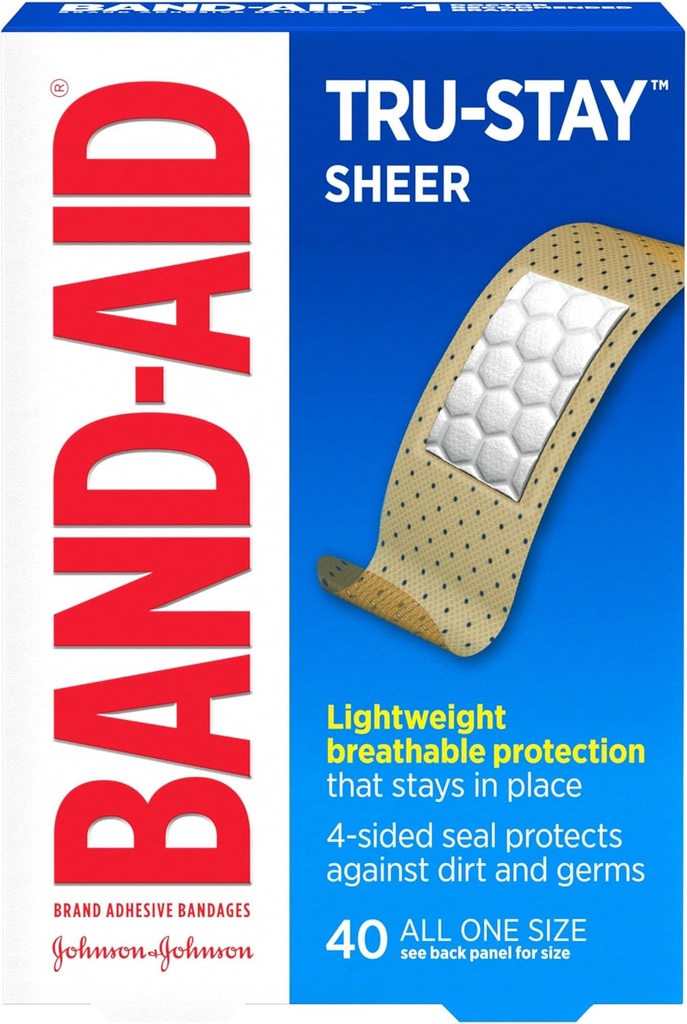 Band-Aid Brand Tru-Stay Sheer Straps 急救和伤病防护带固化,小刀和小刀的个别包装伤病护理带,全一尺寸,40厘米