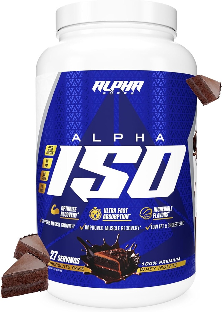 Alpha Supps ISO, 低碳化物100%Whey蛋白蛋白隔离粉, 25格拉姆/ 服务, 帮助支持肌肉生长, 低糖和无糖( 巧克力蛋糕, 2磅)
