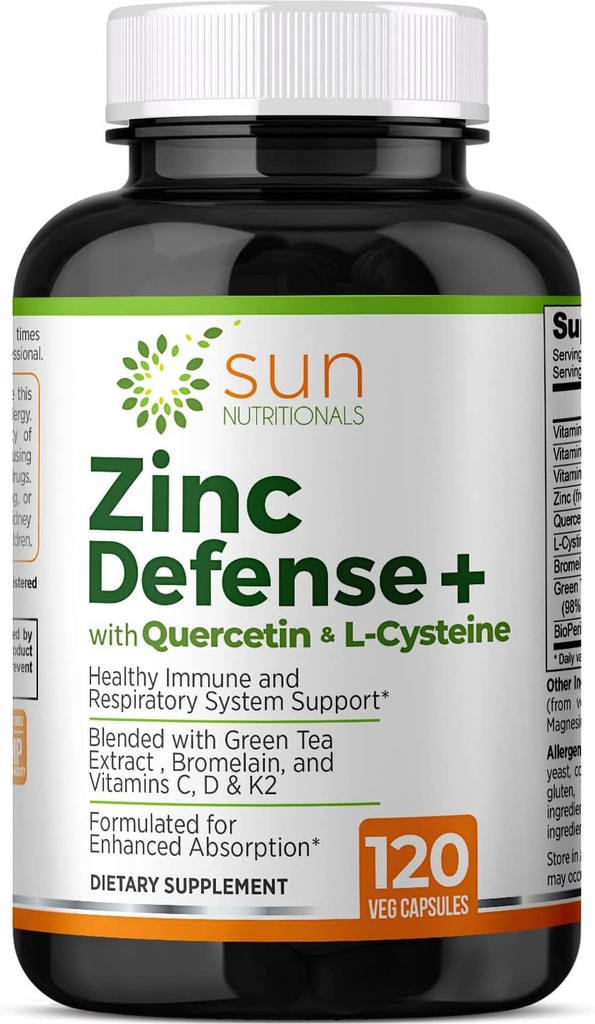 锌防+ 与 Quercetin, Bromelain, L- Cysteine, EGCG( 绿色茶叶提取), 维生素 C, D3 & K2, 2- Month 供应, 120 VCaps, 非 GMO, Gluten Free
