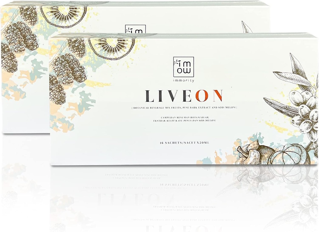2 Boxes Immority Liveon 100% 天然松木桶提取饮料 混合水果 [16 Sachets x 20ml] – 4X 强抗氧化剂反向标志 衰老,抗皱纹和细线支持青春皮肤