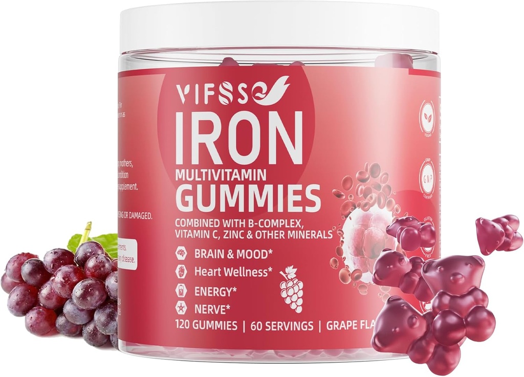 "无糖铁"(Iron Gummys Sugar Free),120 Gummys 女性多维他命铁辅料 女性多维他命 维生素和锌 男性与孩子-葡萄糖 Flavor, Vegan 辅料,Folate for Energy-No After Taste