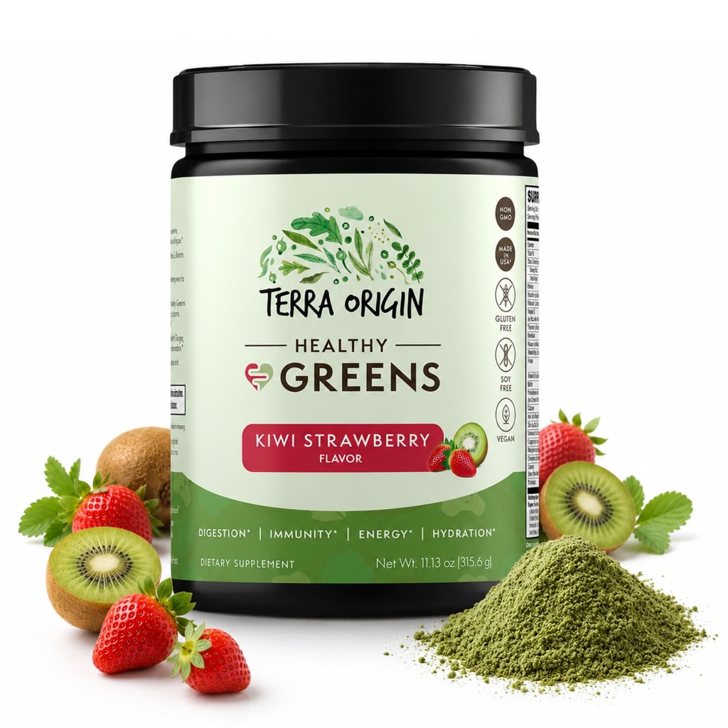 TERRA 原生健康绿地 粉末 混合 QQ 超级食品 Probios, Enzymes, Spiruina QQ 用于Imune 和 消化性 Gut 健康支持 QQ 能源与健康 boost 30 services (Kiwi草莓)