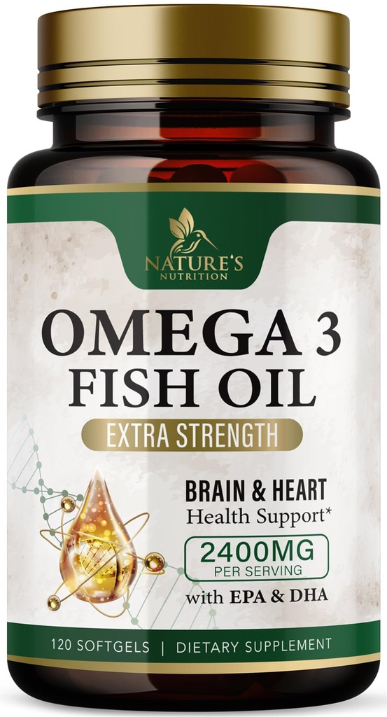 Omega 3 鱼油补充剂 2400 mg - 三重强度 Omega3 - EPA & DHA 配基本脂肪酸 - 天然免疫,脑和心脏健康支持 - Burpless, Lemon Flavor, Wild Caught - 120 Softgels