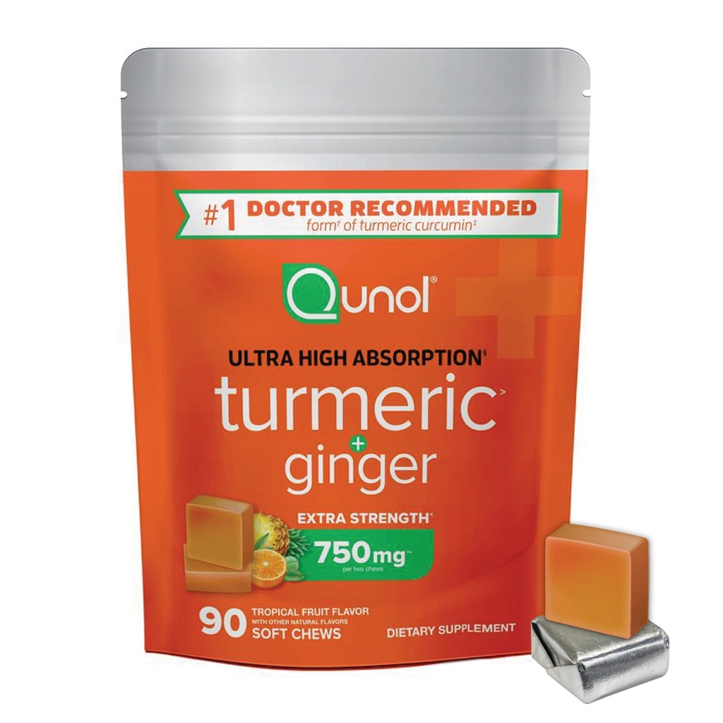 Quunol Turmeric和Ginger Soft Chews,750mg Turmeric 补充,支持联合健康的超高吸收,90 Counter