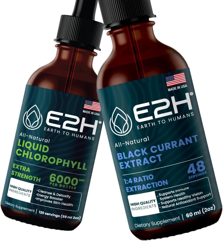 E2H: 液态氯化石素和天然黑圆圈提取物 | Vegan, 非GMO - 2 Fl Oz Each (共4 Fl Oz) - Bundle