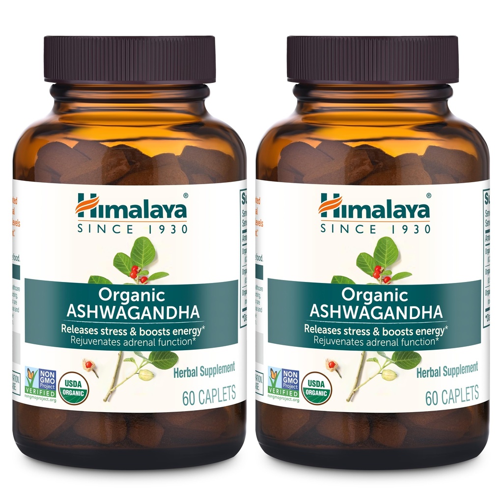 Himalaya Organic Ashwagandha Root, 120 Day Supply - Herbal Adrenal Support Supplements for Stress Relief and Energy Support - USDA Organic, Non-GMO, Vegan, Gluten Free, 60 Caplets, 2 Pack