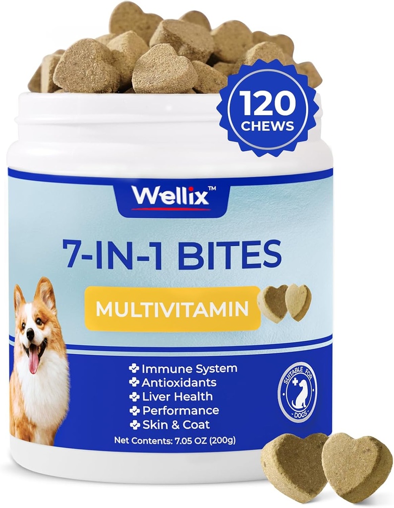 Wellix Dog维生素和补充剂 - 多维特敏可食用治疗犬类,皮肤和大衣,流动支持,Hip和联合补充剂,Immune系统与整体健康(120 Chews)