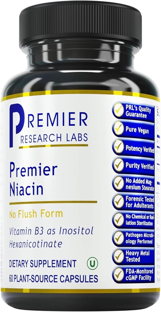 总理研究实验室 Niacin - Flush Free Niacin 与 Inositol 六硝基苯并用,Niacin No Flush, B3 Niacinamide 维生素补充 血液循环支持 - 60 蔬菜 Capsules