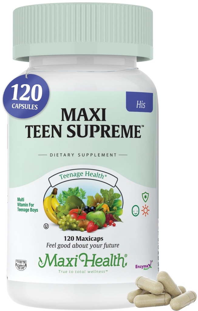 Maxi Health Multivitamin for Him – Boys Vitamins for ages 12–17 青少年最高 – Men's Multivitamin for Energy, Immune Boost, Body & Brain 包括 D3,铁,钙,消化酶(120个计数)
