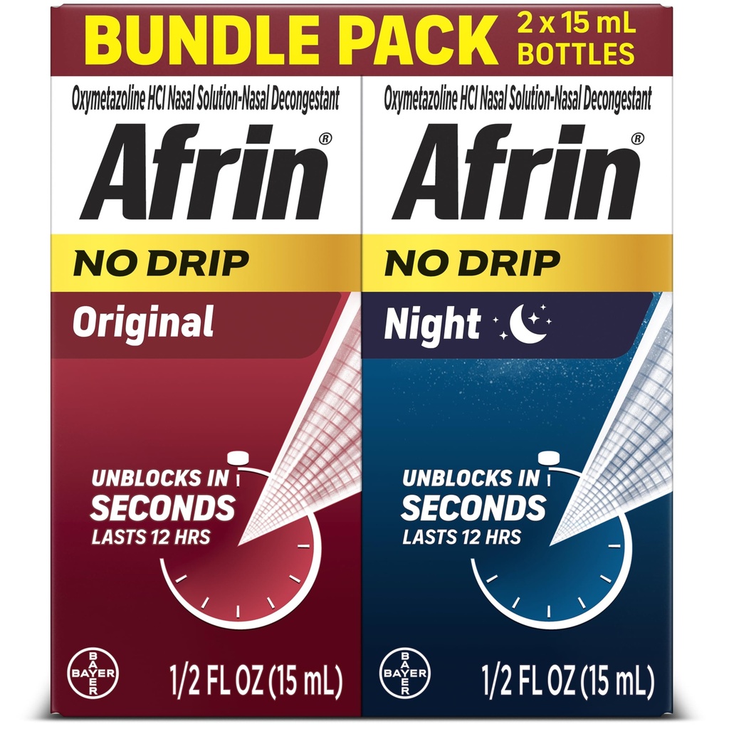 Afrin No Drip Original + Night Nast Bundle Pack, 非醉汉, 快速消毒剂, 用于消毒和消毒减压, 成人和6岁儿童及老年人, 5 fl oz (Pack of 2)