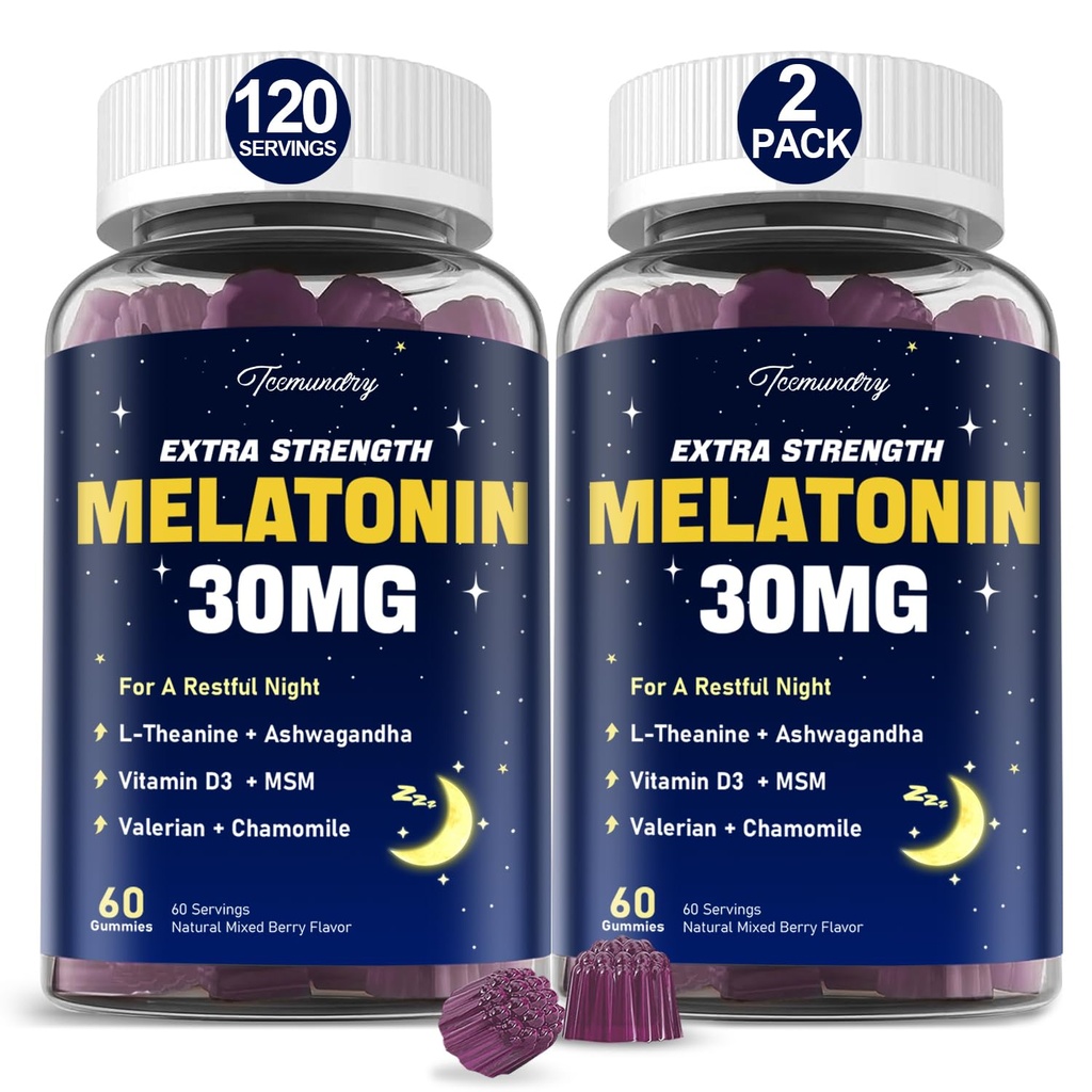 Melatonin Gummys 30 mg for 成人: 最大力量 Melatonin 与 L- Theanine, Ashwagandha, MSM, Vitamin D3 & Zinc - 非哈比特成型, 自然混合莓 Flavor 60 Counter (Pack of 2) 的 最大力量 Melatonin 补充.