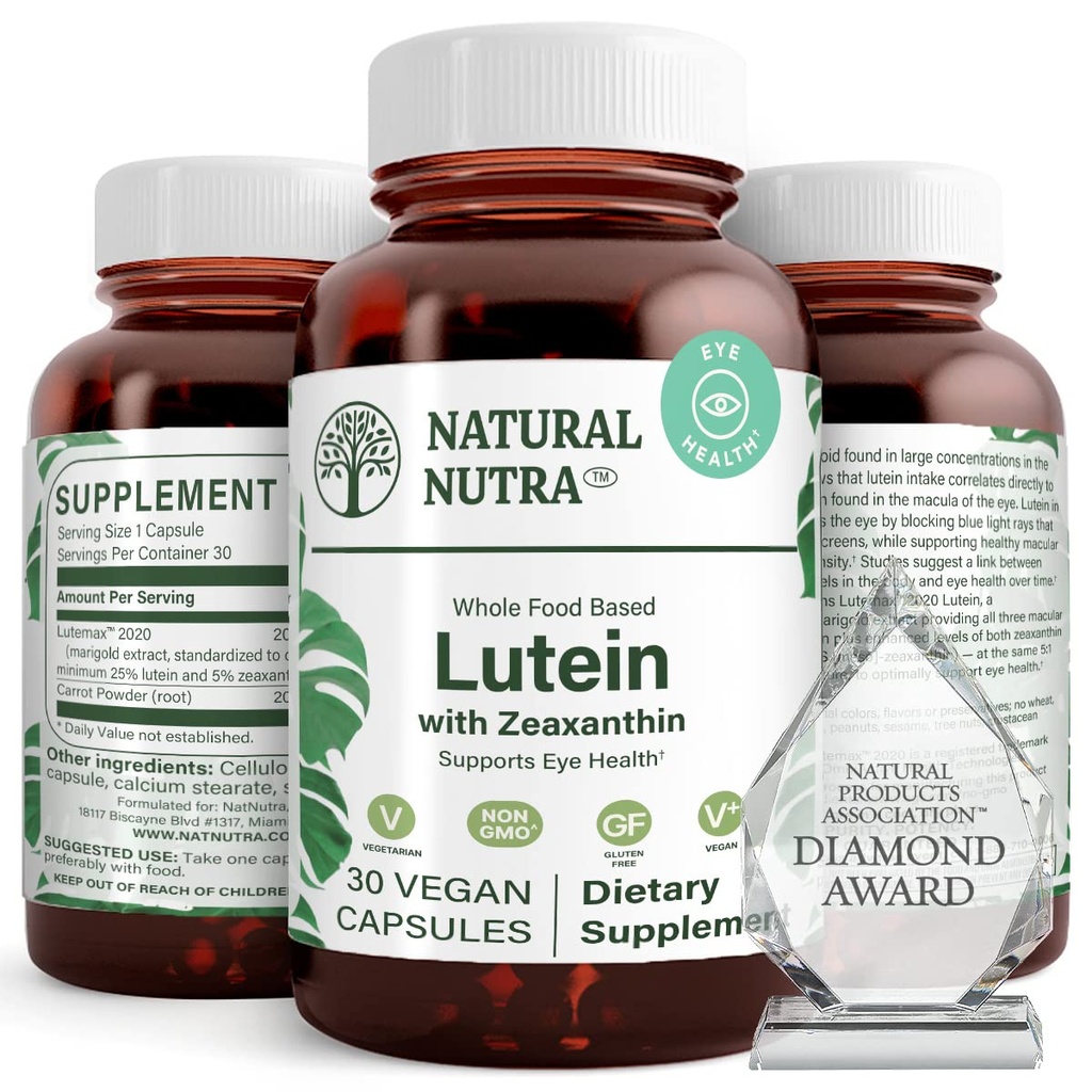 Natural Nutra Lutein和Zeaxanthin 补充品,维持视力健康,在眼睛中保护细胞,提高Zeaxanthin和异构体的水平,支持眼健康,Gluten Free,Soy Free, 20mg - 30 Capsules