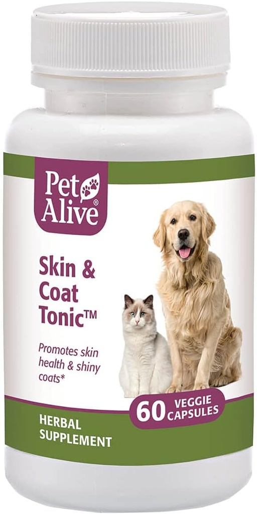 PetAlive Skin and Coat Tonic - All Natural Herbal Supplement for Cat and Dog Skin Health and Shiny, Glossy Coats - 60 Veggie Caps