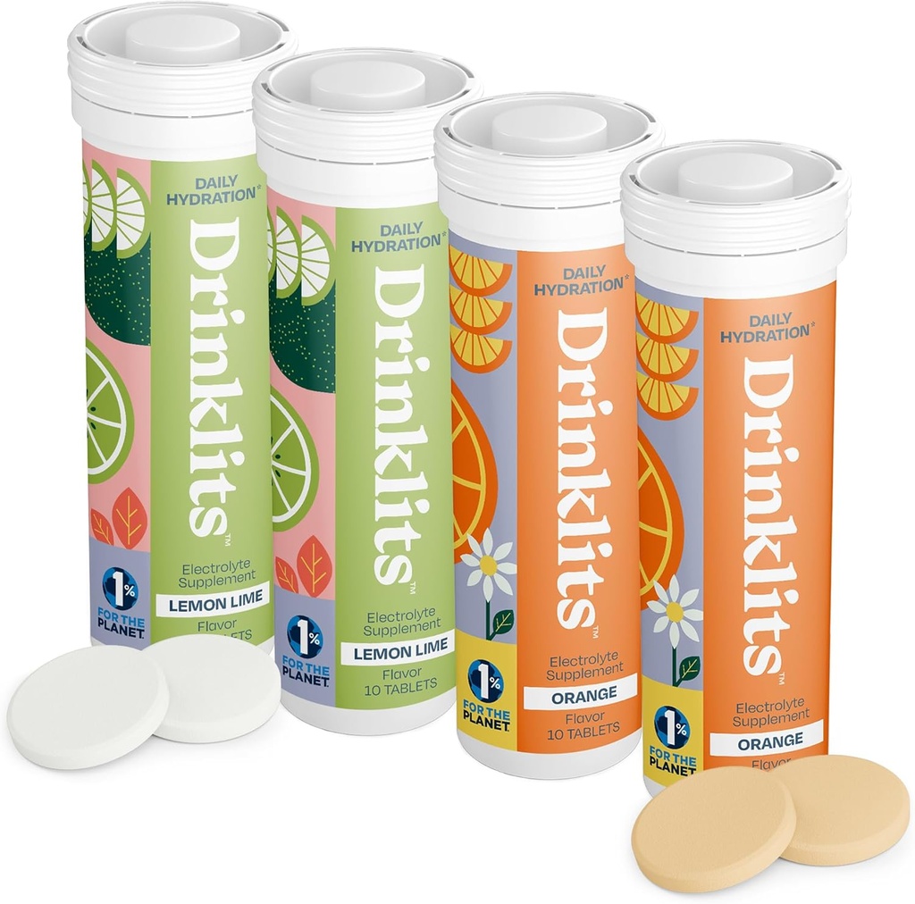 Drinklits Lemon-Lime & Orange 电解片 (4) Tube Bundle → Citrus 水分 Combo Pack → 美味的天然火焰 – 0g 糖 – 每日使用 → 40 服务 – 10 片 Per Tube