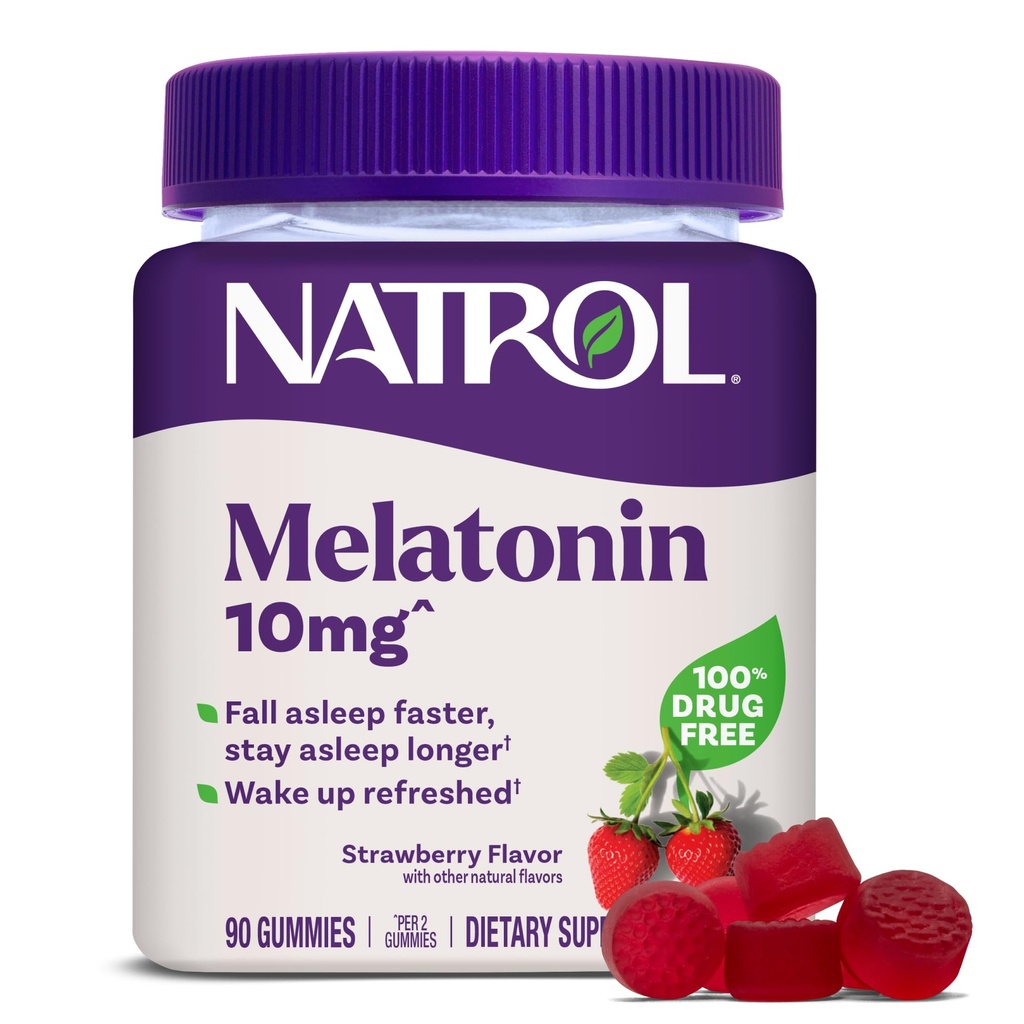 Natrol 10 mg Melatonin Gummys, 成人睡眠支持, Melatonin 睡眠补充品, 90 草莓味的Gummys, 45天供应