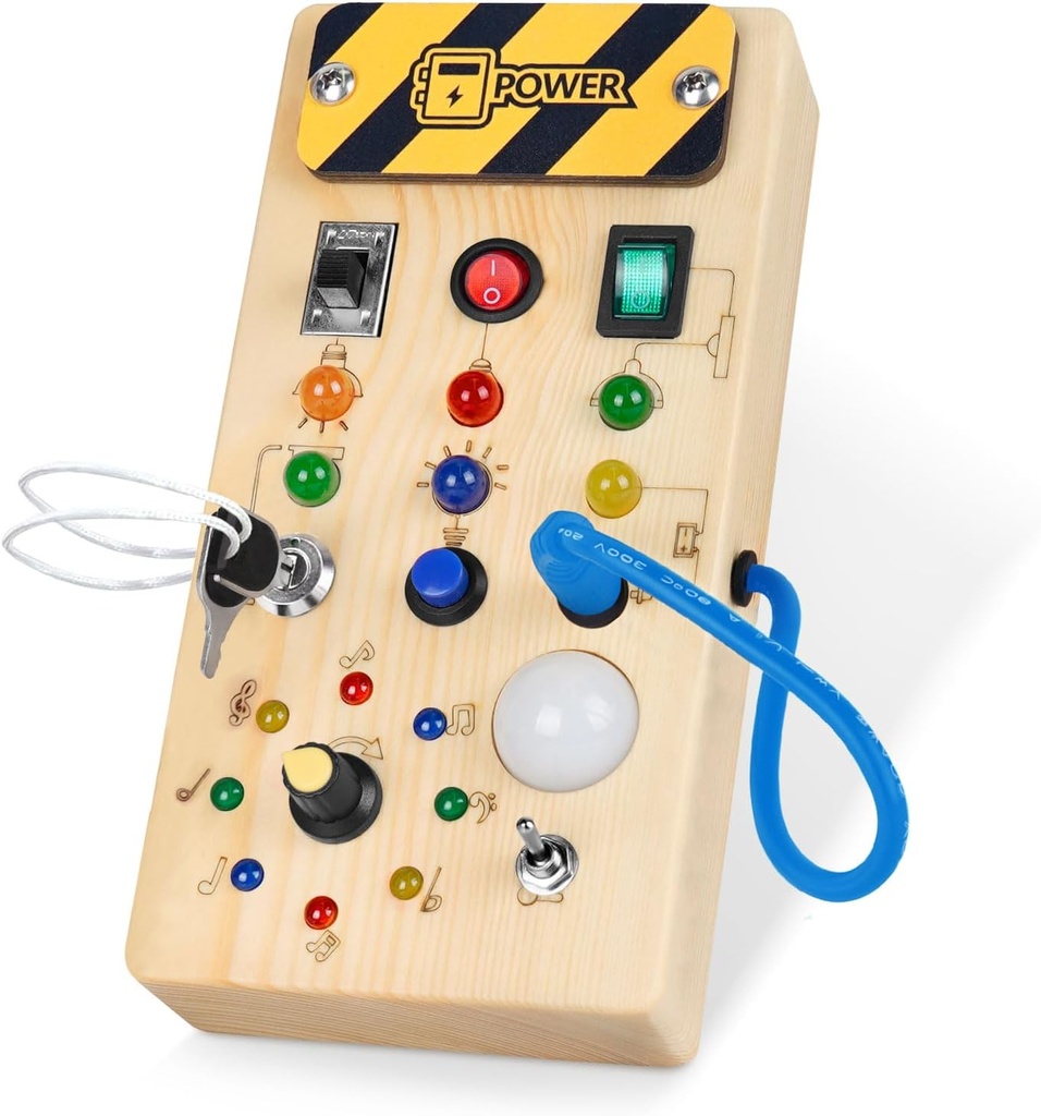 Hoarosall Montessori Wooden Busy Board 配有 8 个LED 灯光开关,感官玩具 灯光开关 旅行玩具 1+年老宝贝和托德勒