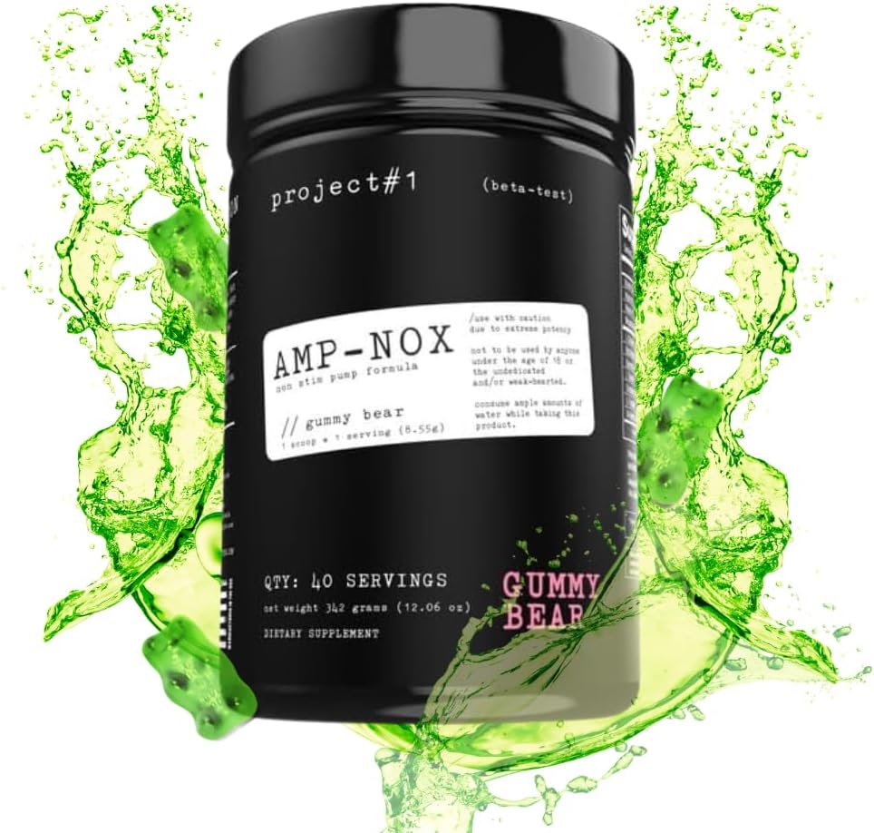 项目1 AMP-NOX:非兴奋剂预研粉 - 助力焦点,泵,和能量 - 咖啡因自由蛋白饮用氨基酸供男女饮用 - Gummy Bear Flavor - 40 services