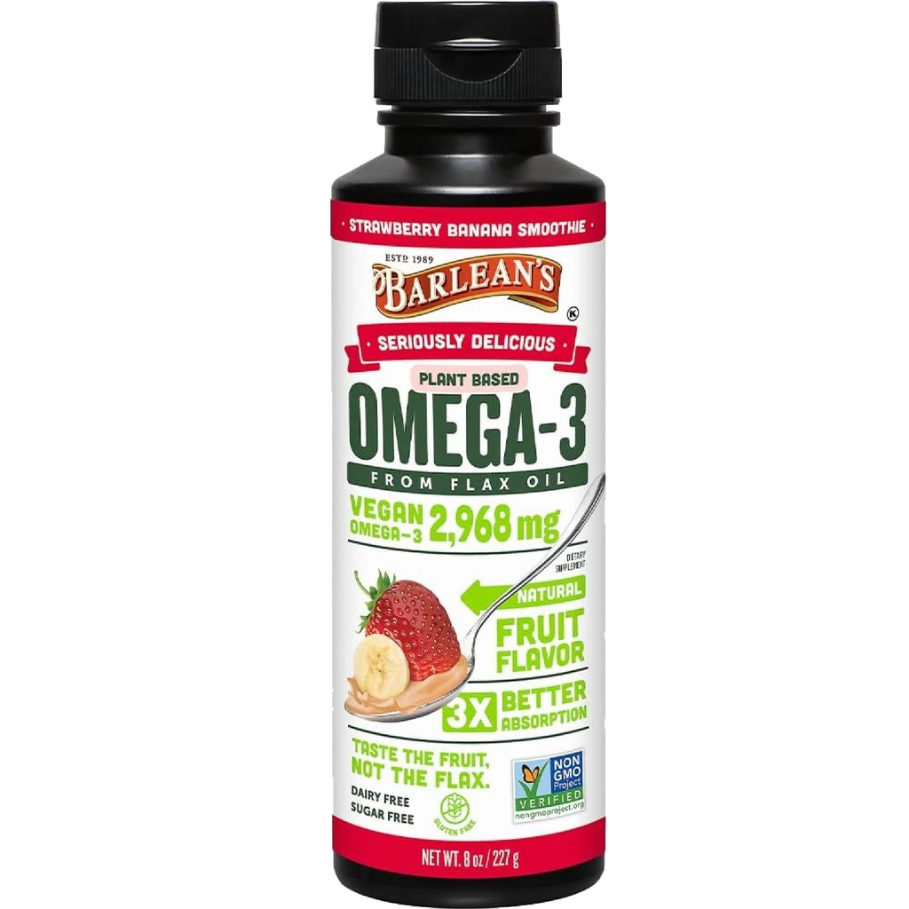 Barlean的草莓香蕉草籽油液,Vegen Omega 3 6 9 冷压叶草籽油的儿童和成人补充剂,2 968毫克的Vegan Omegas, Non-GMO & Gluten Free, 8 oz