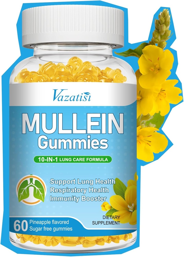 10 in 1 Mullein Gummys for Lungs, Mullein Leaf 提取与布罗姆兰, Quercetin, 镁 - 支持肺清洁剂用于健康呼吸, 60厘米