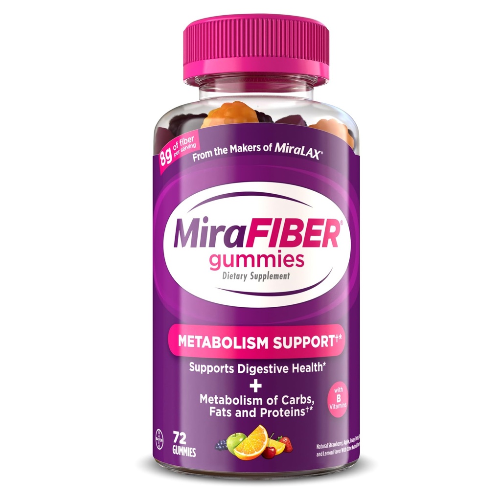 MiraFIBER Gummys来自MiraLAX的制作者,8g来自每日Fiber Per服务,代谢支持B维生素,GUT男女健康,成人预生Fiber Gummys,混合水果火焰72Ct