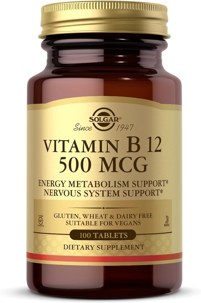 Solgar Vitamin B12 500 mcg - 100平板电脑 - Vegan, Gluten Free, 奶制品 Free, Kosher - 100 services