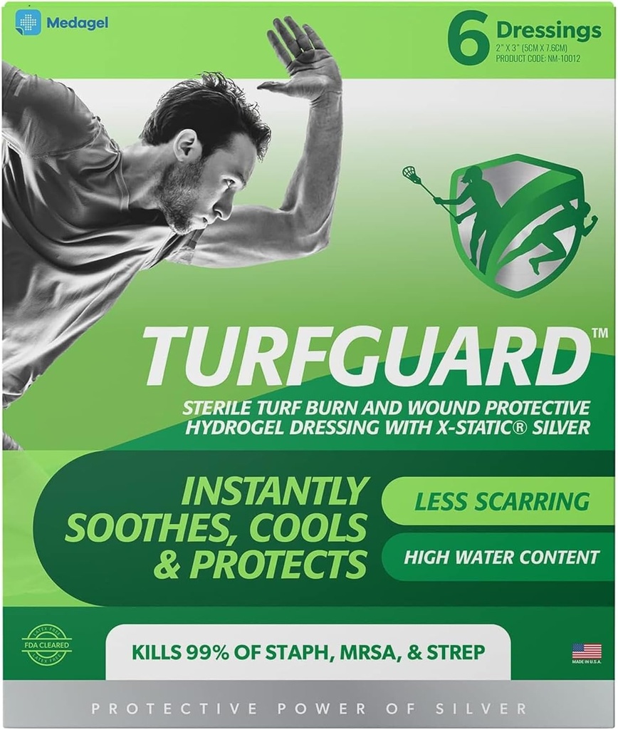 TURFGUARD Hydrigel Turf Burn Dressing with X-Static Silver – 冷却救济,FDA 清空,抗微生物防护,烧伤的摩擦补丁,2"×3"服装,6包,由Medagel制作.