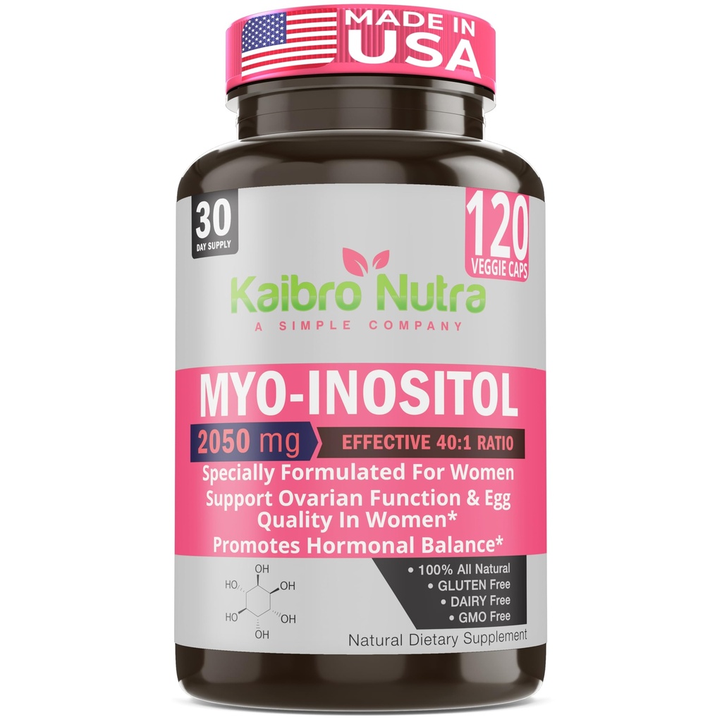 Kaebro Nutra Myo-Inositol补编,Myo-Inositol & D-Chiro Inositol 40:1 比例,Hormone平衡和Ovarian 支持有维生素B8的妇女,2050mg,Vegan,Non-GMO Capsules 120 计数