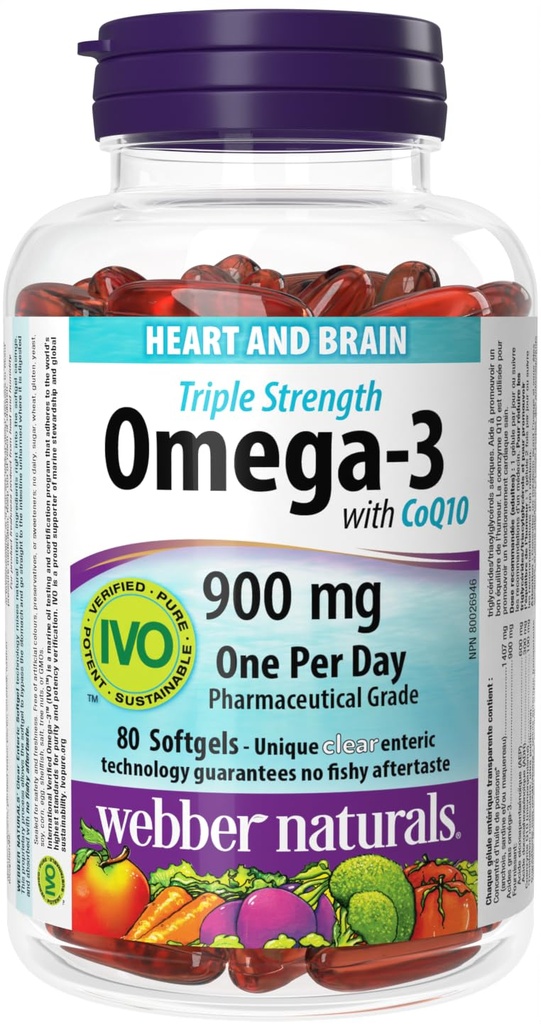 Webber Naturals Triple Structure Omega-3,配以CoQ10 肠内涂装900 mg Omega-3(EPA • DHA)/100 mg CoQ10,80 caps