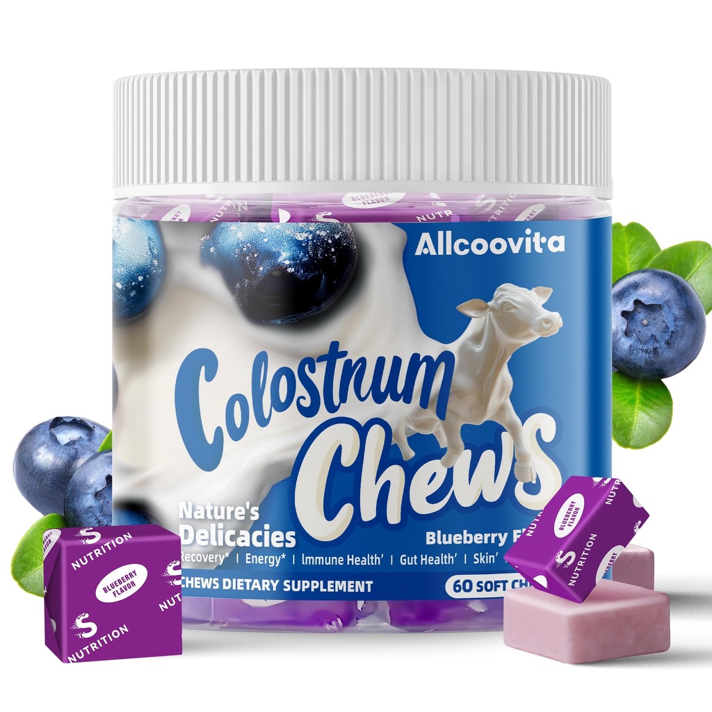 Bovine Colostrum Chews 配有助生药物,用于Gut健康、Bloating、Immune支助、皮肤、头发生长和美貌-蓝莓火焰(60种服务)