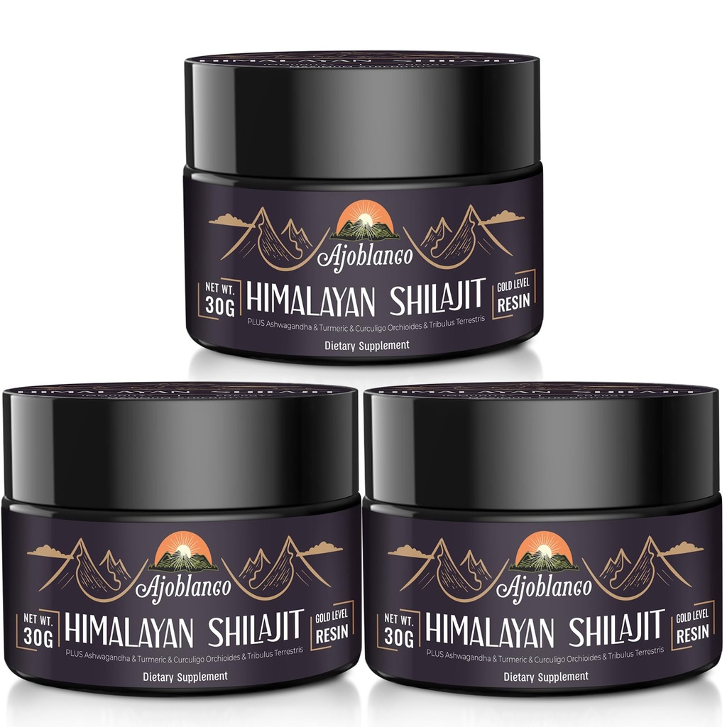 Ajoblanco 600mg 天然喜马拉雅有机物 Shilajit Resin - 喜马拉雅黄金 Shilajit Resin 与有机Ayurvedic Blend 在能源、强度和豁免的高度潜力中,3包