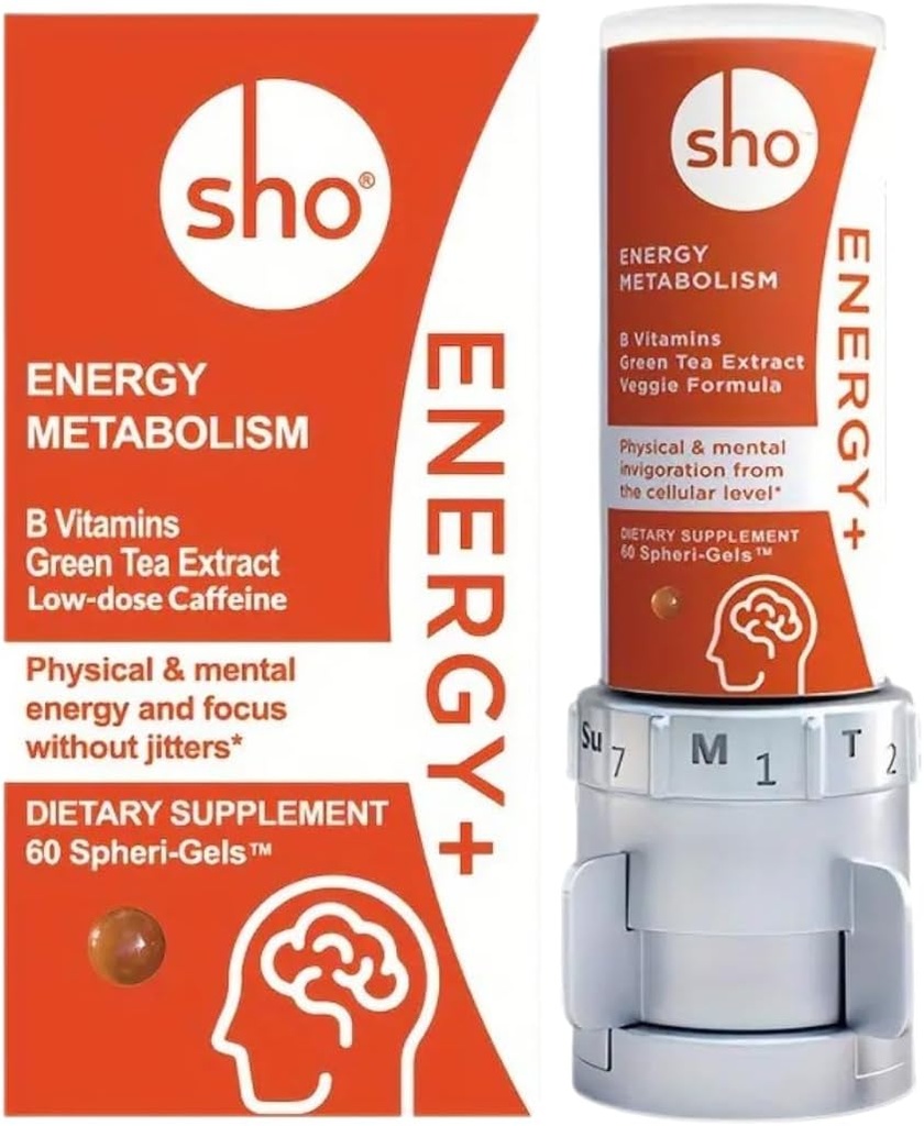 SHO Vegan Energy+ Focus Supplement Kit - Matcha Green Tea 提取器,甲基化B 复合体,维生素B和咖啡因 天然能源促进器 无崩盘,Jiters for Men and Women - 60 Pills Refilling Bottle