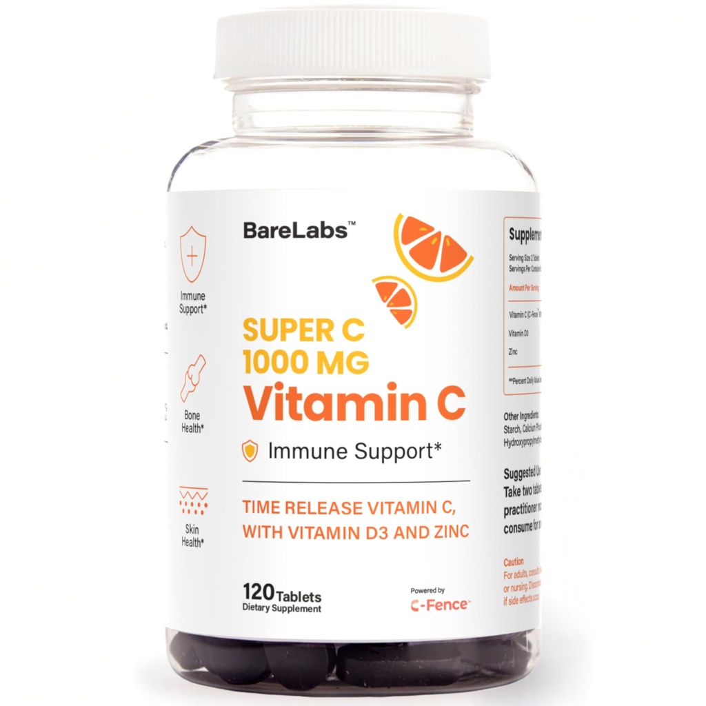 时间释放 维生素C 1000 mg + 维生素D3 1000 IU + 锌 30 mg → 免疫支持和Collagen Boost → 非GMO,全日抗氧化剂 → 120 片超C