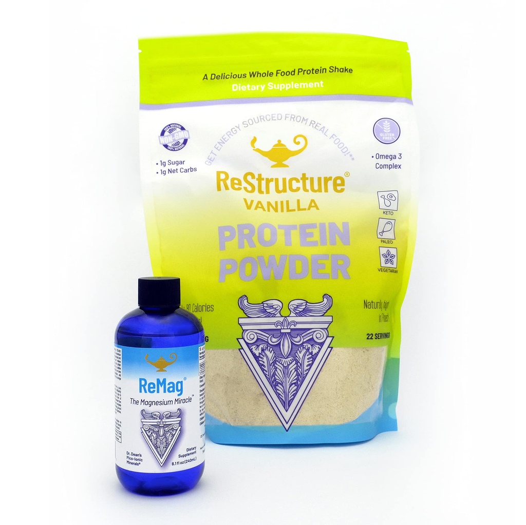RnA ReSet性能包 – ReMag 液态镁 8.1oz & ReStructure Vanilla Whey 蛋白质 594g, 肌肉恢复和适应性支持(2个公式)