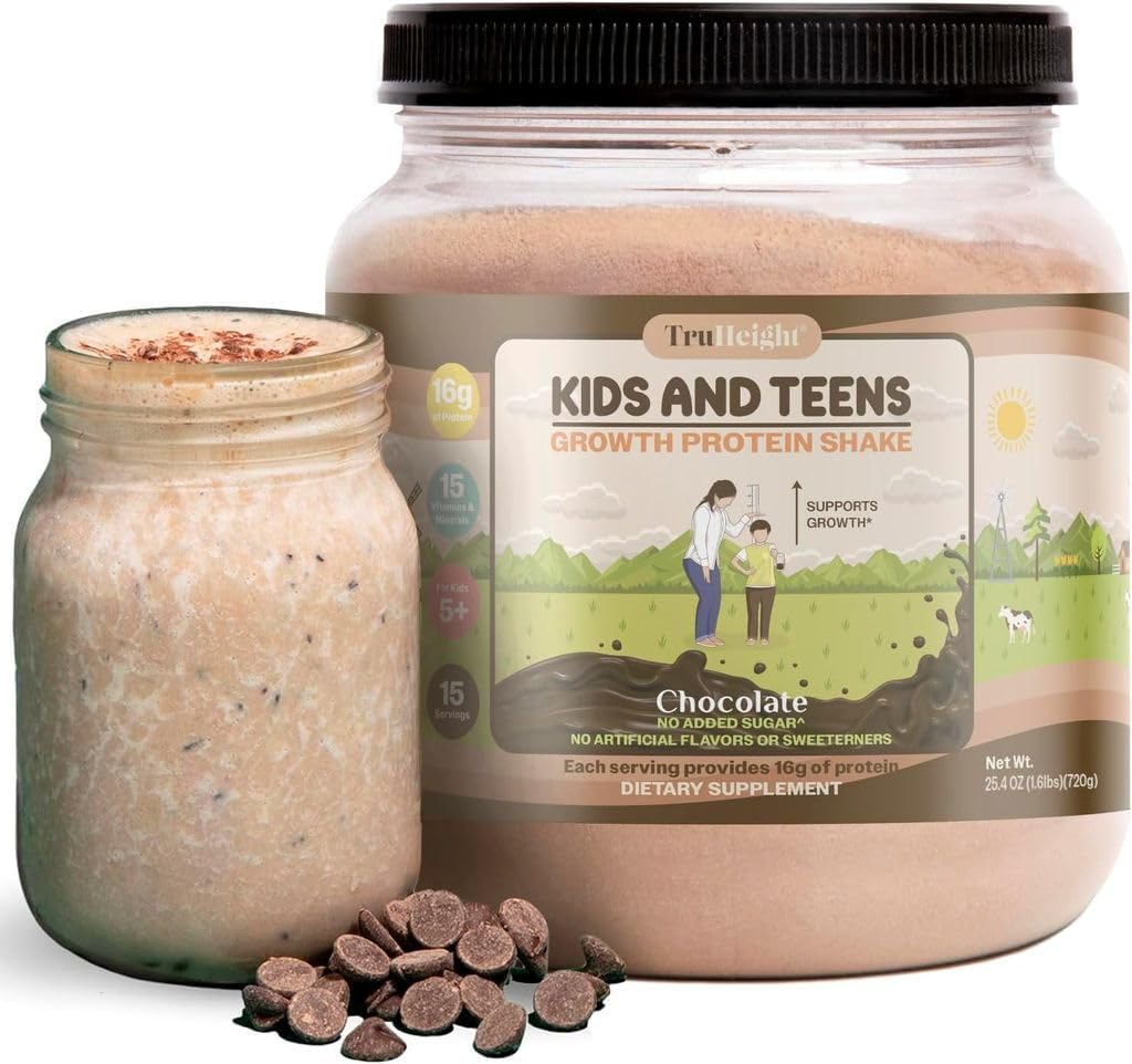 TruH8 生长蛋白摇摇(Chocolate Milk Flavor, Whey) 儿童与青少年的自然生长与发育蛋白粉 - 体重增益饮料 - 由小儿科医生,挑食者维生素,年龄4+认可.