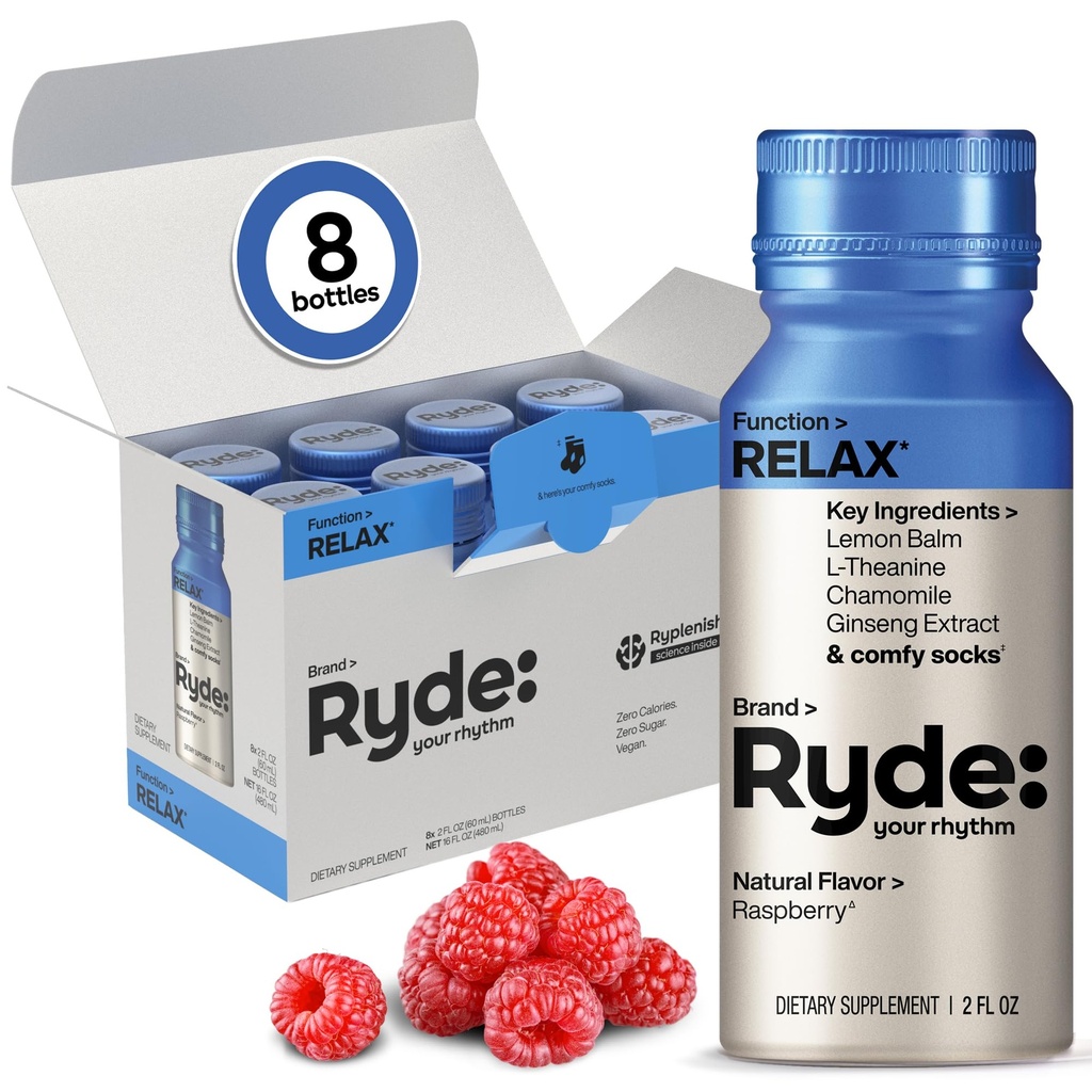 (原始内容存档于2017-03-02). Ryde: Relax Shot QQ Raspberry Flavor QQ Lemon Balm, L-Theanine, Ginseng & Chamomile QX0 Calories, 0 Sugar QX2 FL OZ Shots QQX帮助你放松* (8 Pack).