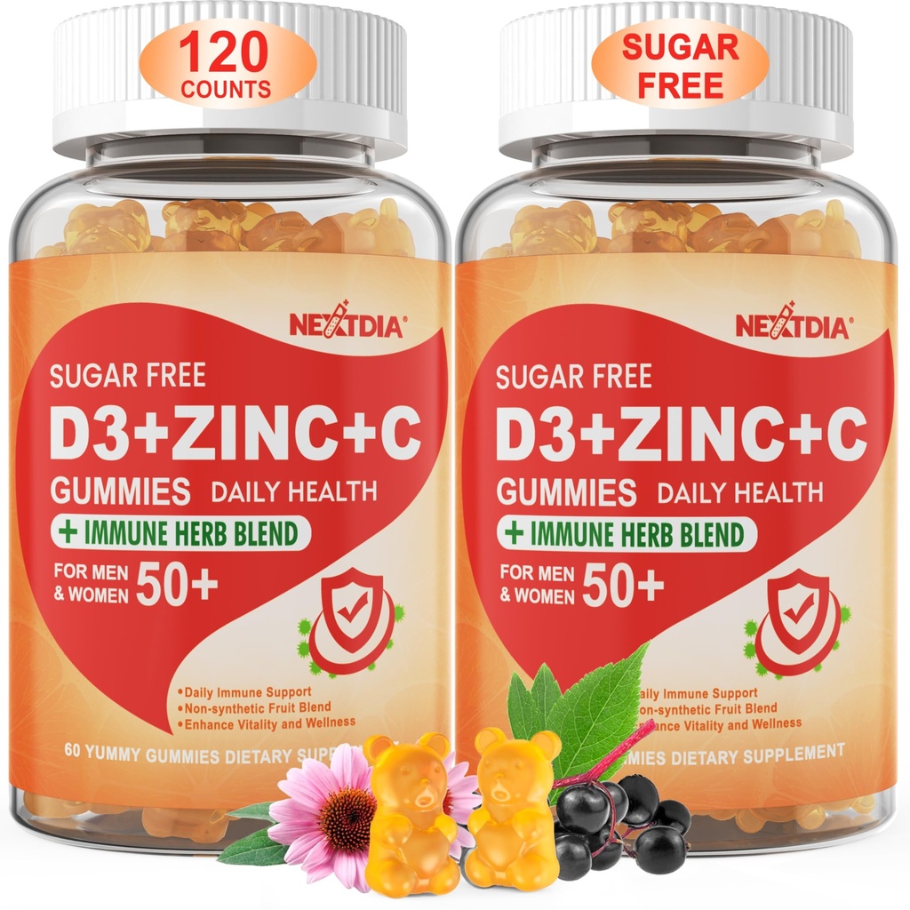无糖维生素C + D3 + 锌 成人50 +,9 in 1 Immune Defense Supplies 配有 D3 5000IU, 长老莓, Echinacea, Mullein Leaf for Boust 豁免, 动力抗氧化剂, Vegan (Pack of 2)