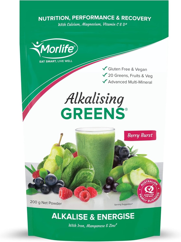 Morlife Alkalising Greens Powder Supplement, Berry Burst, 20 超级绿地, 水果和蔬菜, Pre & Probiotics, 关键 Alkalizing 矿物, 蔬菜超级食品配方, 7 oz, 20 服务