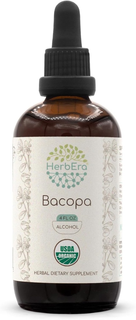 HerbEra Bacopa A120 USDA 有机丁香 QQ 酒精提取 高概率草药滴 放松 阳性认知效应 QQ 认证有机乙香(Bacopa Monnieri) 干草(4 fl oz)