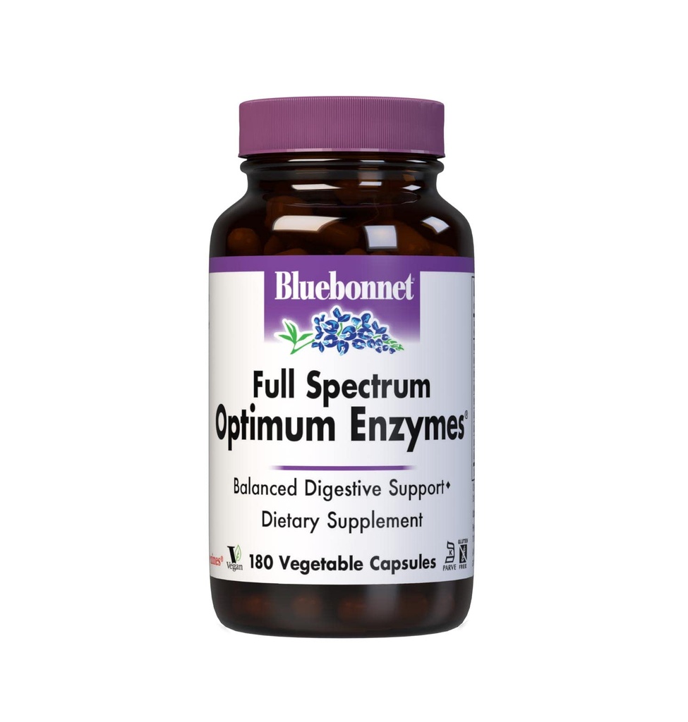 BlueBonnet Full Spectrum 优化消化酶 - 9植物蛋白酶 - Papaya, Bromelain, Amylase Gut Health for Women & Men - Vegan & Gluten - Free - 180 植物卡普尔