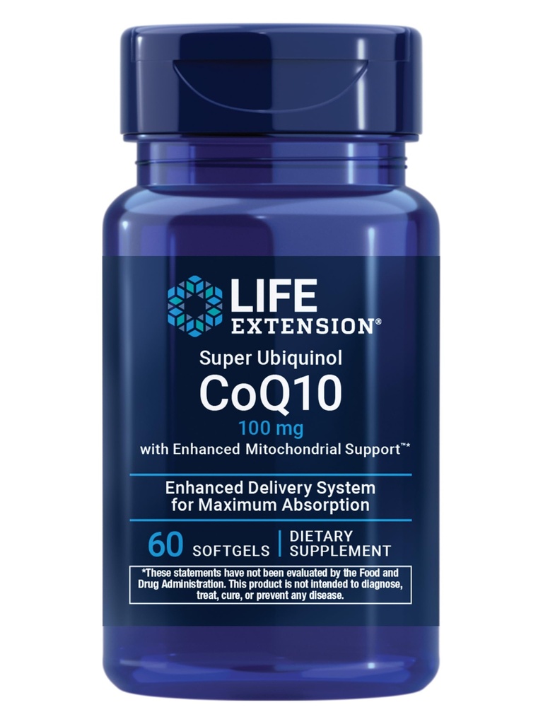 生命延长 Super Ubiquinol CoQ10 配有增强的Mitochondridrial支持, Potent Heart Health & Cellular Energy 生产支持, Ultra-Absoble, Gluten-Free, Non-GMO, 100 mg, 60 软胶